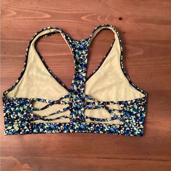 VICTORIA SPORT SZ LARGE BLUE GREEN GEOMETRIC PRINT CAGED RACERBACK SPORTS BRA - Picture 2 of 4